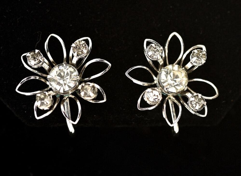 Vintage White/ Colorless & Gray Rhinestone Snowflake Flower Screw Back Earrings